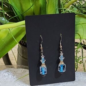 Silver Tone Dangle Earrings with Blue Swirl Glass Beads & Clear Crystals